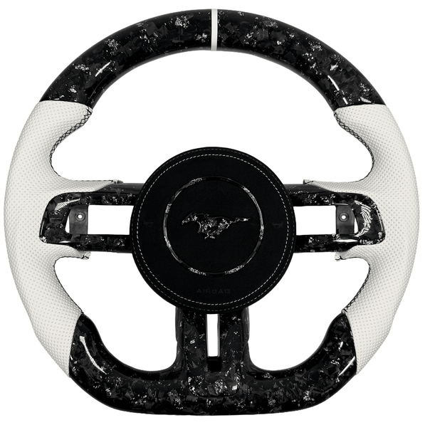 Forged carbon fiber steering wheel for 2015–2023 Ford Mustang S550 with white perforated leather grips and a white center stripe