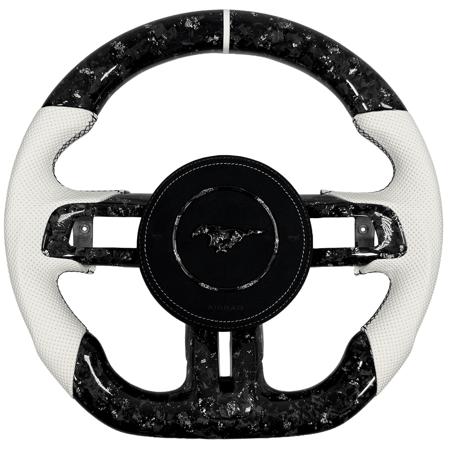 Forged carbon fiber steering wheel for 2015–2023 Ford Mustang S550 with white perforated leather grips and a white center stripe