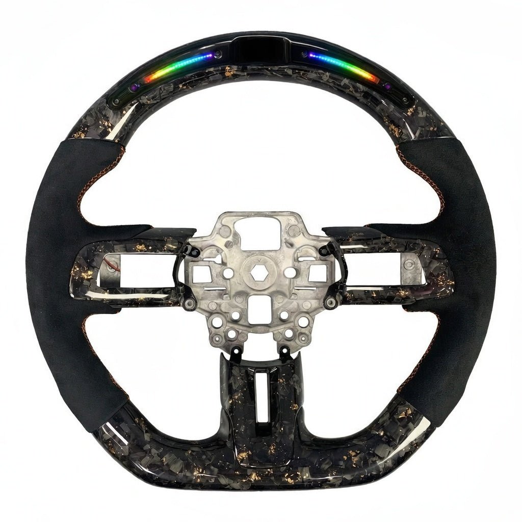 2015-2023 Ford Mustang S550 gold flake forged carbon fiber LED steering wheel with black Alcantara grips, RPM shift light display, and flat-bottom design
