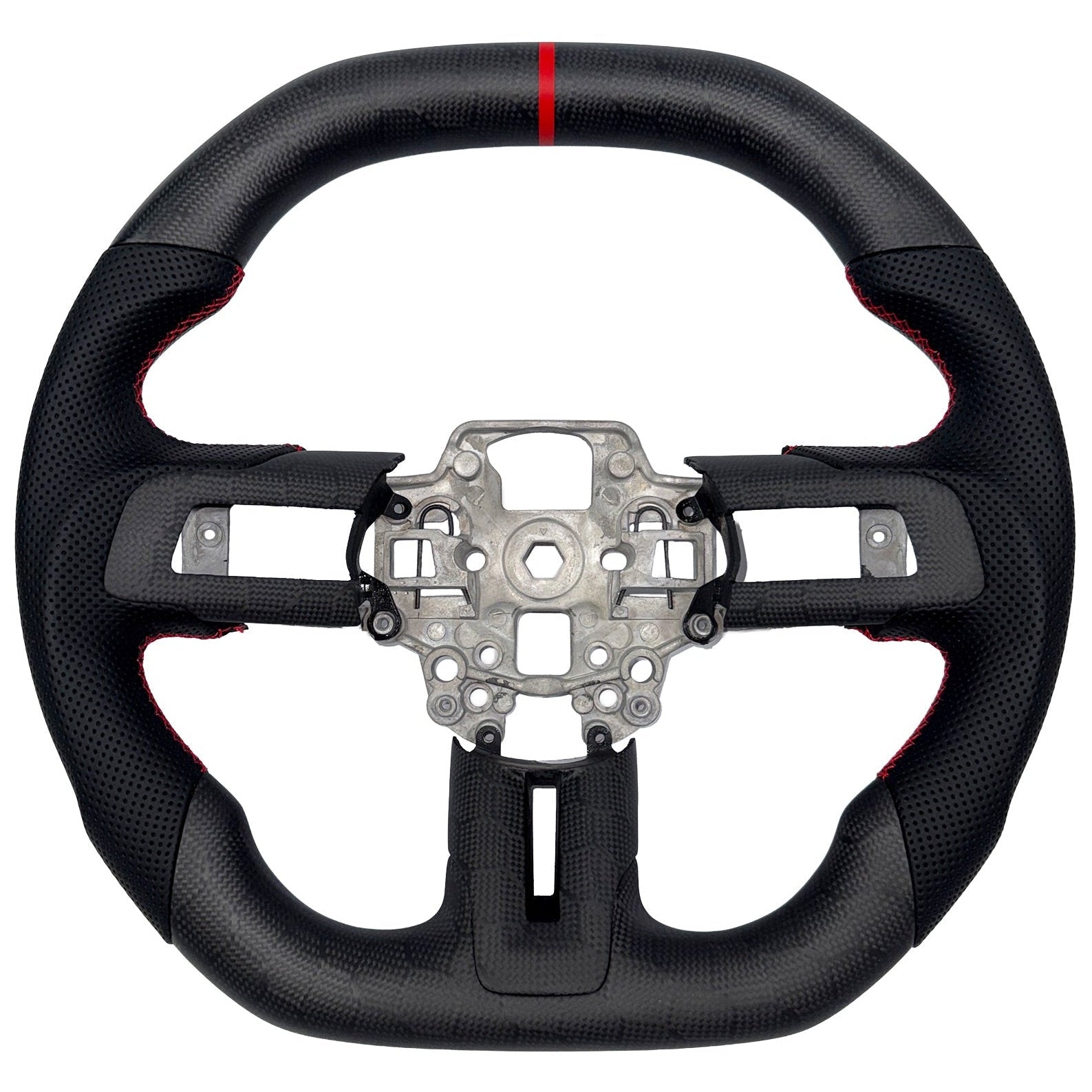 2015–2023 Ford Mustang S550 matte carbon fiber steering wheel by Texas Carbon with black perforated leather grips, red stitching, a red center stripe, and a flat-bottom design.