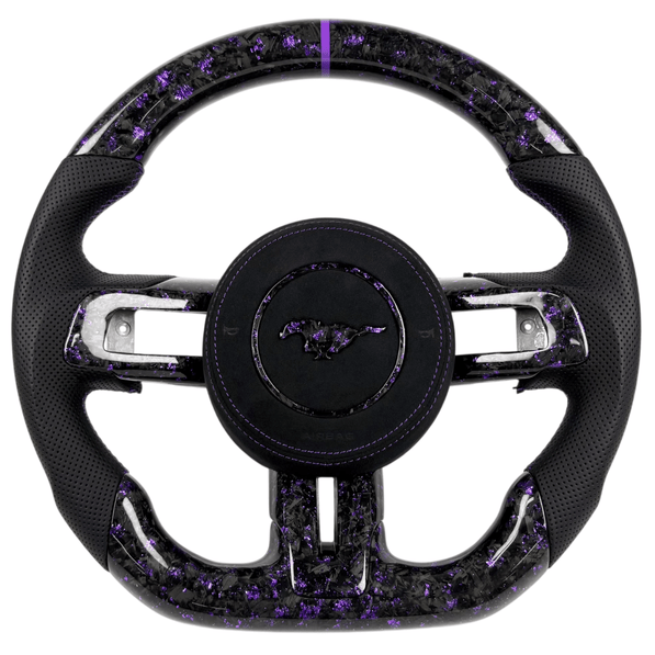 2015-2023 Ford Mustang S550 purple forged carbon fiber steering wheel with black perforated leather grips, flat-bottom design, and purple stitching