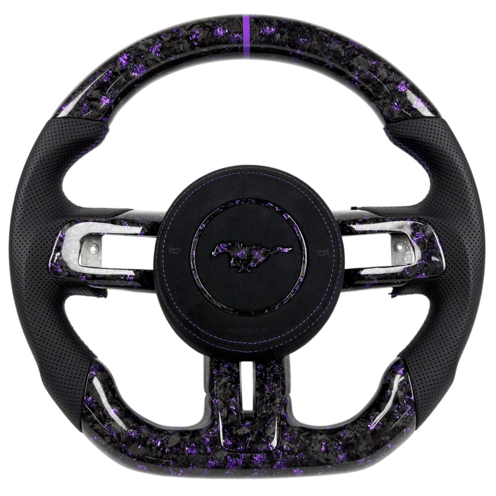 2015-2023 Ford Mustang S550 purple forged carbon fiber steering wheel with black perforated leather grips, flat-bottom design, and purple stitching