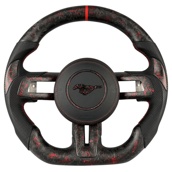 2015-2023 Ford Mustang S550 matte red forged carbon fiber steering wheel with black perforated leather grips, flat-bottom design, and red stitching