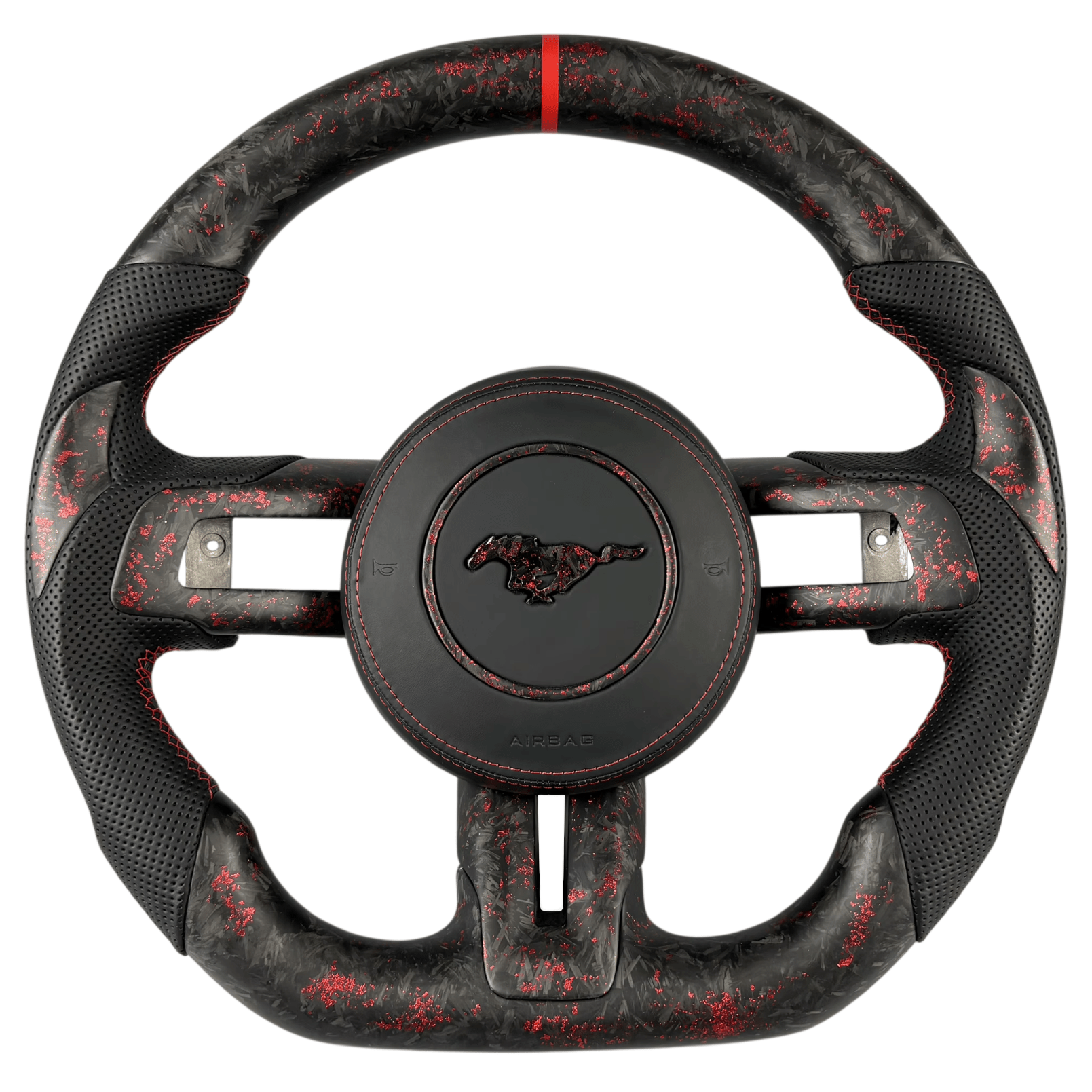 2015-2023 Ford Mustang S550 matte red forged carbon fiber steering wheel with black perforated leather grips, flat-bottom design, and red stitching