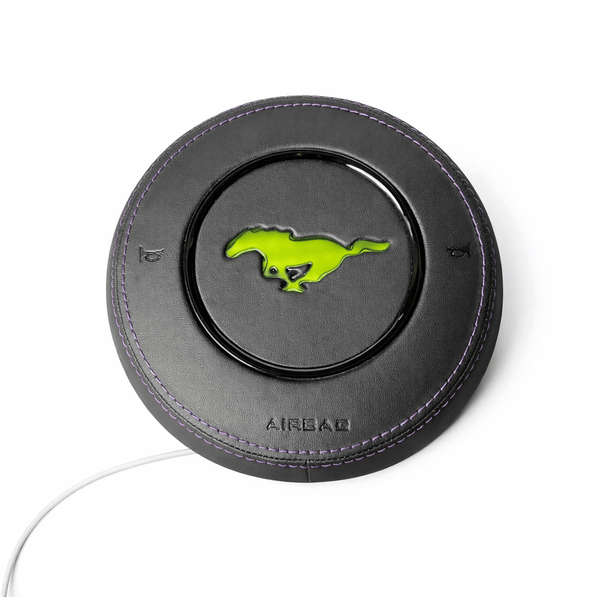 2015-2023 Ford Mustang S550 RGB black leather airbag cover with purple stitching and illuminated green pony emblem
