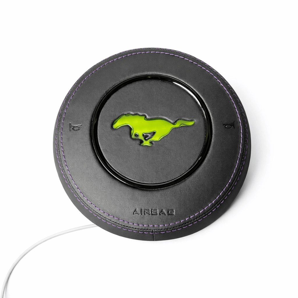 2015-2023 Ford Mustang S550 RGB black leather airbag cover with purple stitching and illuminated green pony emblem