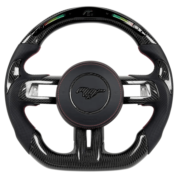 2015-2023 Ford Mustang S550 carbon fiber LED steering wheel with RPM shift light display, flat-bottom rim, and red-stitched perforated leather grips