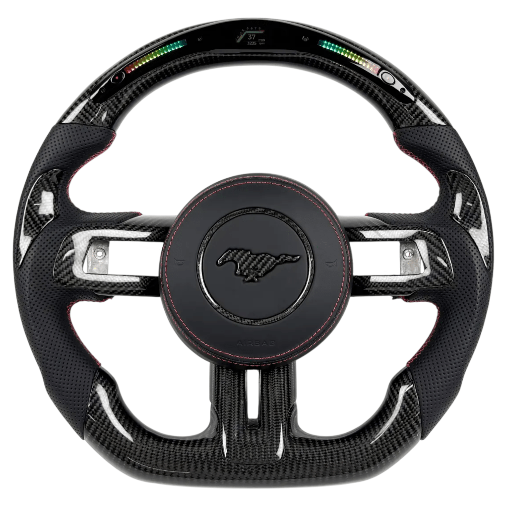 2015-2023 Ford Mustang S550 carbon fiber LED steering wheel with RPM shift light display, flat-bottom rim, and red-stitched perforated leather grips