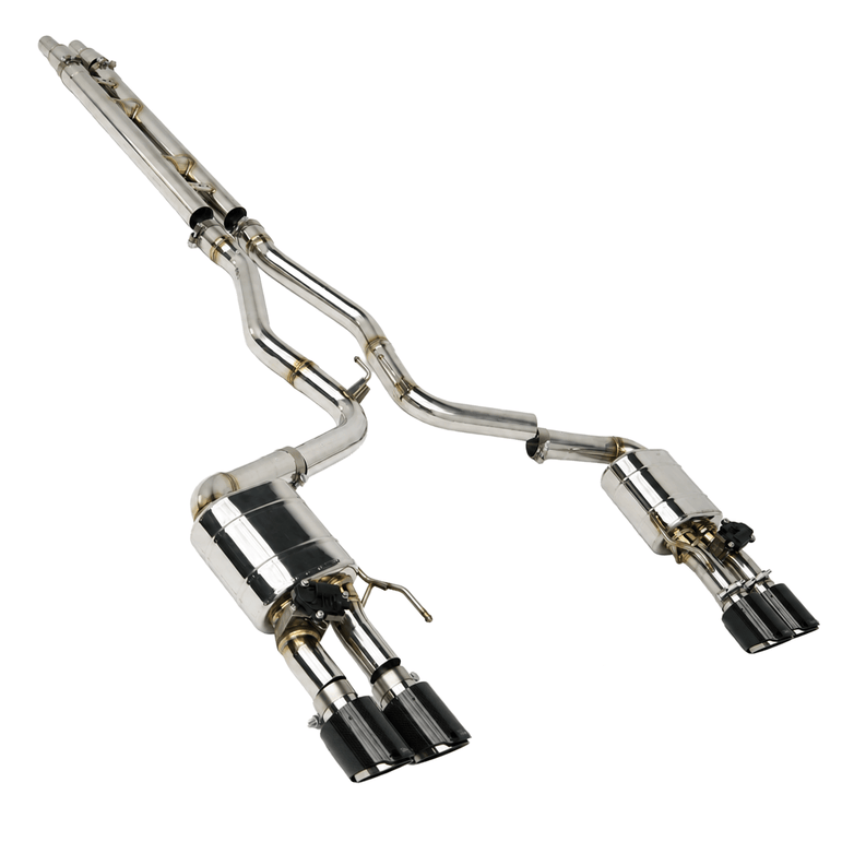Texas Carbon 304 stainless steel valved cat-back exhaust for 2015–2026 Ford Mustang GT 5.0 S550 and S650 with a double H-pipe and quad carbon fiber tips