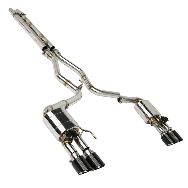 Texas Carbon 304 stainless steel valved cat-back exhaust for 2015–2026 Ford Mustang GT 5.0 S550 and S650 with a double H-pipe and quad carbon fiber tips