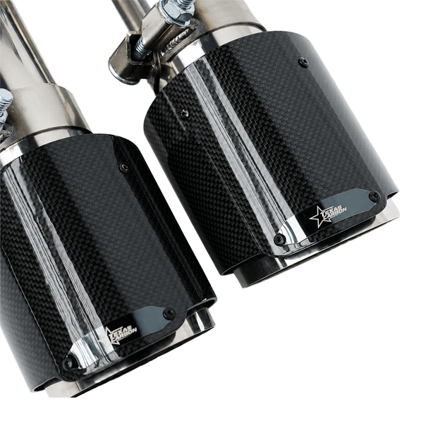 Texas Carbon 304 stainless steel valved cat-back exhaust for 2015–2026 Ford Mustang GT 5.0 S550 and S650 with a double H-pipe and quad carbon fiber tips