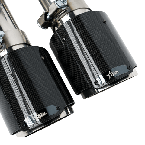 Texas Carbon 304 stainless steel valved cat-back exhaust for 2015–2026 Ford Mustang GT 5.0 S550 and S650 with a double H-pipe and quad carbon fiber tips