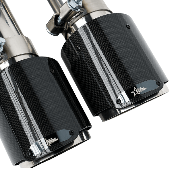 Texas Carbon 304 stainless steel valved cat-back exhaust for 2015–2026 Ford Mustang GT 5.0 S550 and S650 with a double H-pipe and quad carbon fiber tips