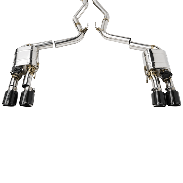 Texas Carbon 304 stainless steel valved cat-back exhaust for 2015–2026 Ford Mustang GT 5.0 S550 and S650 with a double H-pipe and quad carbon fiber tips