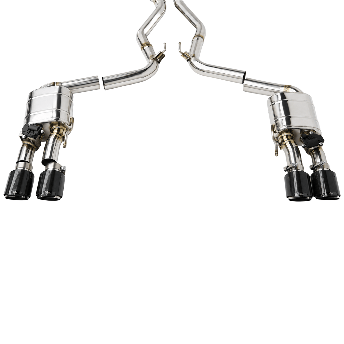 Texas Carbon 304 stainless steel valved cat-back exhaust for 2015–2026 Ford Mustang GT 5.0 S550 and S650 with a double H-pipe and quad carbon fiber tips