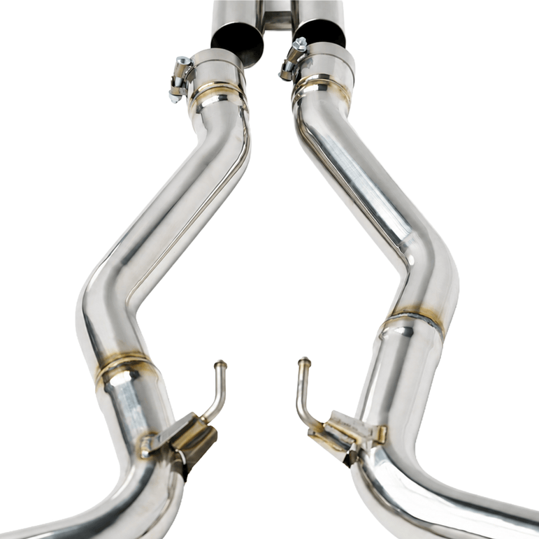Texas Carbon 304 stainless steel valved cat-back exhaust for 2015–2026 Ford Mustang GT 5.0 S550 and S650 with a double H-pipe and quad carbon fiber tips