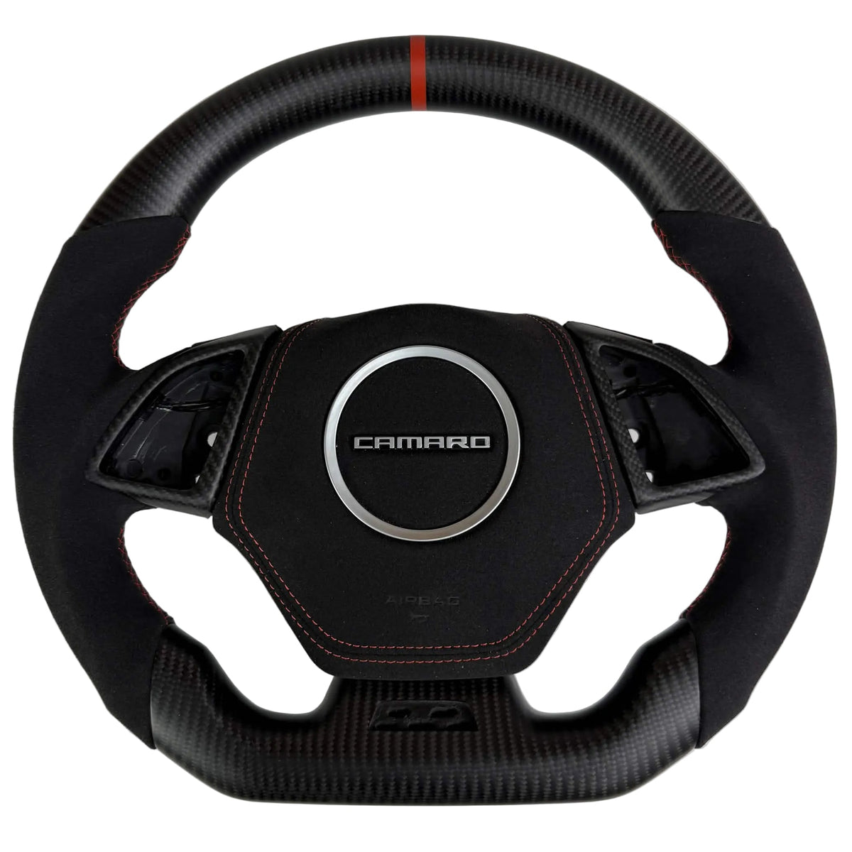 Front view of a 2016–2024 Chevrolet Camaro flat-bottom carbon fiber steering wheel with black Alcantara grips, orange stitching, and an orange center stripe.