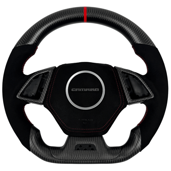 2016–2024 Camaro flat-bottom carbon fiber steering wheel with Alcantara grips, red stitching, and red center stripe.