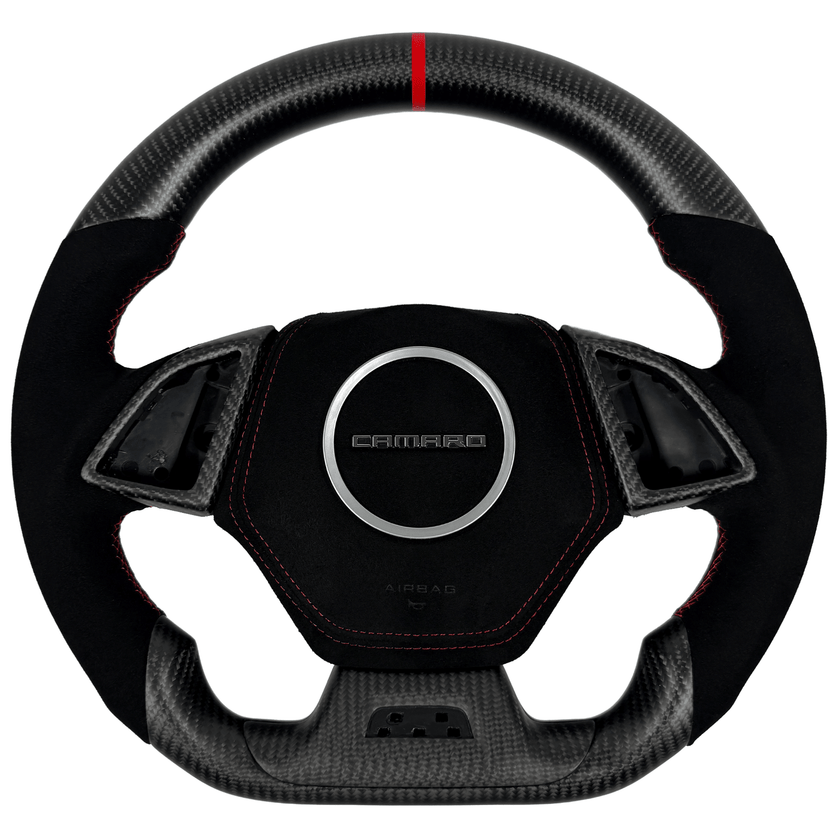 2016–2024 Camaro flat-bottom carbon fiber steering wheel with Alcantara grips, red stitching, and red center stripe.