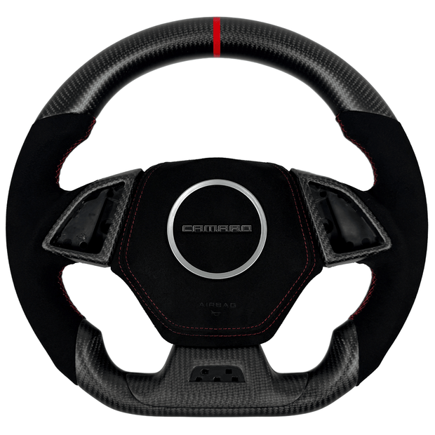 2016–2024 Camaro flat-bottom carbon fiber steering wheel with Alcantara grips, red stitching, and red center stripe.