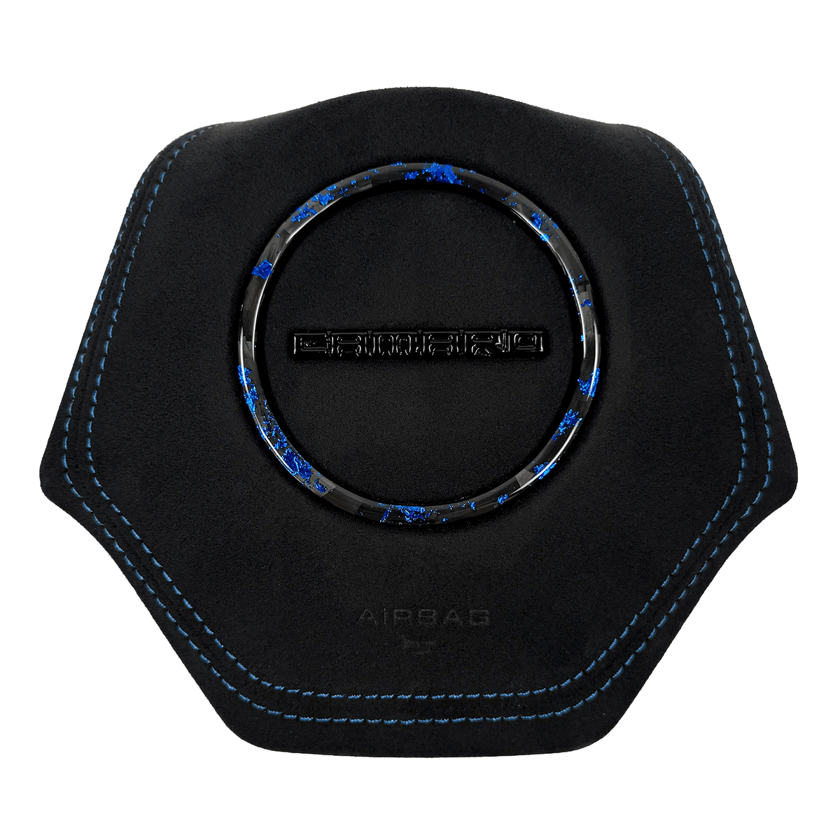 2016–2024 Chevrolet Camaro 6th-gen custom black Alcantara airbag cover with blue contrast stitching, blue-flake forged carbon fiber trim ring, and black Camaro wordmark.