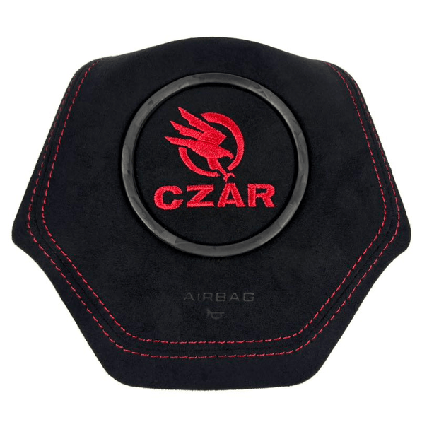 Custom suede steering wheel airbag cover for 2016-2024 Chevrolet Camaro with red stitching and black trim ring
