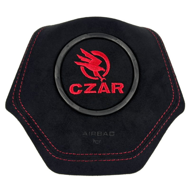 Custom suede steering wheel airbag cover for 2016-2024 Chevrolet Camaro with red stitching and black trim ring