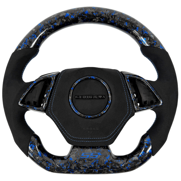 2016–2024 Chevrolet Camaro SS 6th-gen custom blue-flake forged carbon fiber flat-bottom steering wheel with black Alcantara grips, blue contrast stitching, matching forged-carbon trim, an Alcantara airbag cover, and blue SS badge.
