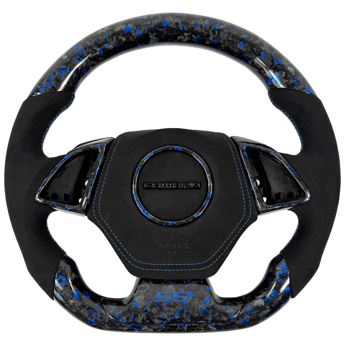 2016–2024 Chevrolet Camaro SS 6th-gen custom blue-flake forged carbon fiber flat-bottom steering wheel with black Alcantara grips, blue contrast stitching, matching forged-carbon trim, an Alcantara airbag cover, and blue SS badge.