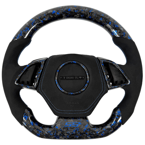 2016–2024 Chevrolet Camaro SS 6th-gen custom blue-flake forged carbon fiber flat-bottom steering wheel with black Alcantara grips, blue contrast stitching, matching forged-carbon trim, an Alcantara airbag cover, and blue SS badge.