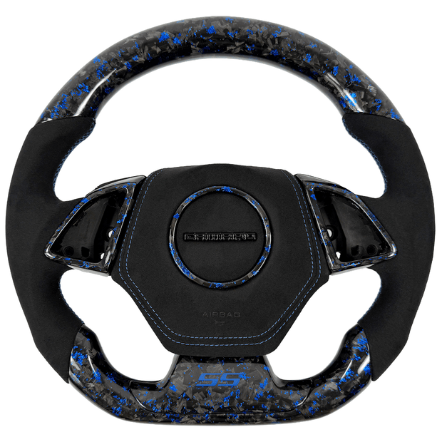 2016–2024 Chevrolet Camaro SS 6th-gen custom blue-flake forged carbon fiber flat-bottom steering wheel with black Alcantara grips, blue contrast stitching, matching forged-carbon trim, an Alcantara airbag cover, and blue SS badge.