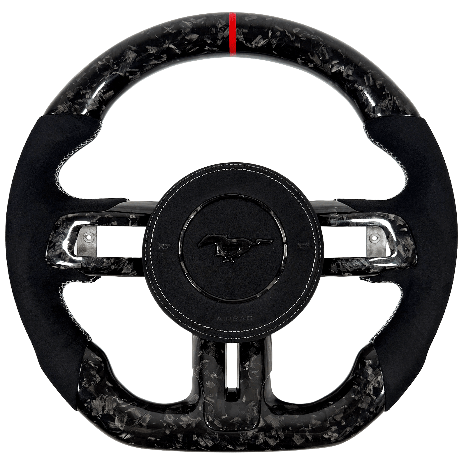 2018–2023 Ford Mustang S550 forged carbon fiber flat-bottom steering wheel with black Alcantara grips and red center stripe.