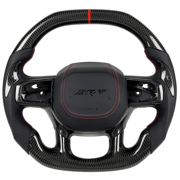 Carbon fiber steering wheel by Texas Carbon for 2021–2024 Ram 1500 TRX with black perforated grips, red stitching, and a red center stripe