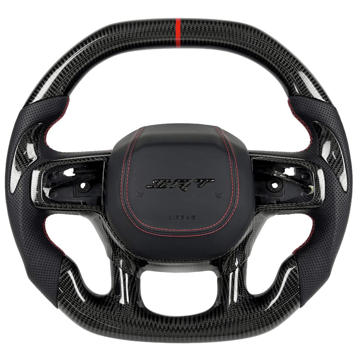 Carbon fiber steering wheel by Texas Carbon for 2021–2024 Ram 1500 TRX with black perforated grips, red stitching, and a red center stripe