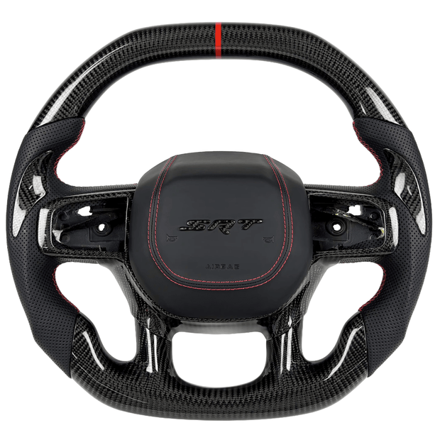 Carbon fiber steering wheel by Texas Carbon for 2021–2024 Ram 1500 TRX with black perforated grips, red stitching, and a red center stripe