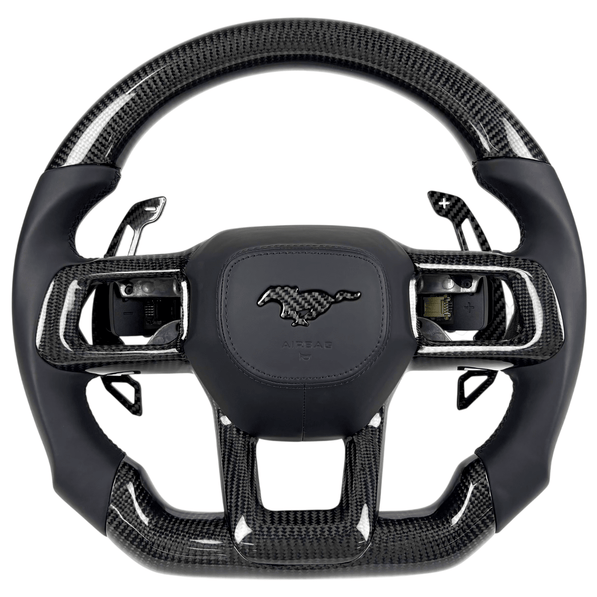 Front-view 2024+ Ford Mustang S650 carbon fiber flat-bottom steering wheel with black leather grips