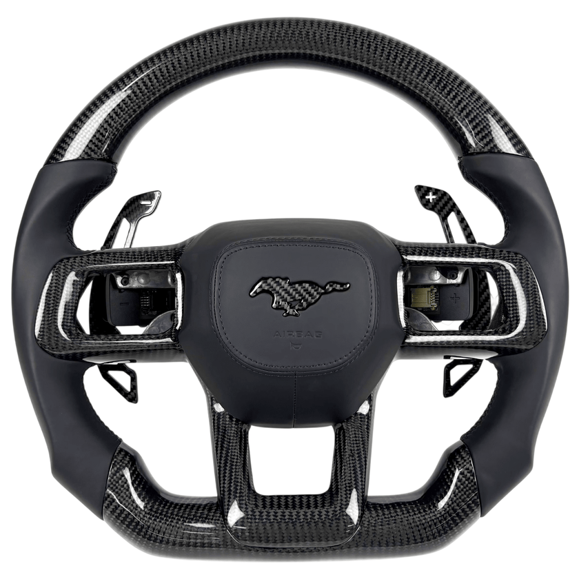 Front-view 2024+ Ford Mustang S650 carbon fiber flat-bottom steering wheel with black leather grips