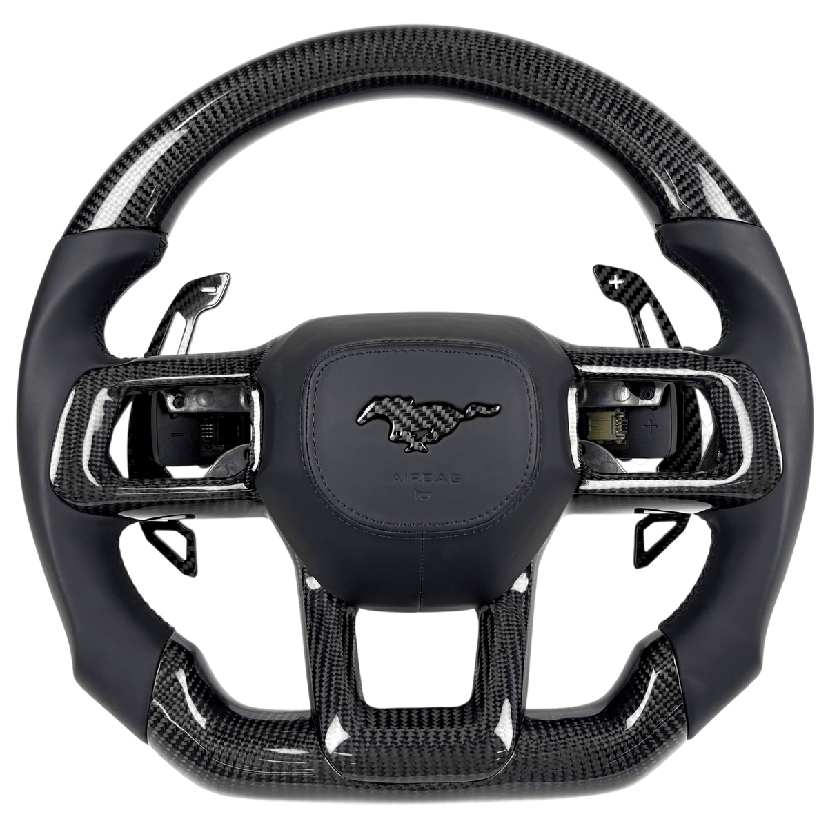 Front-view 2024+ Ford Mustang S650 carbon fiber flat-bottom steering wheel with black leather grips