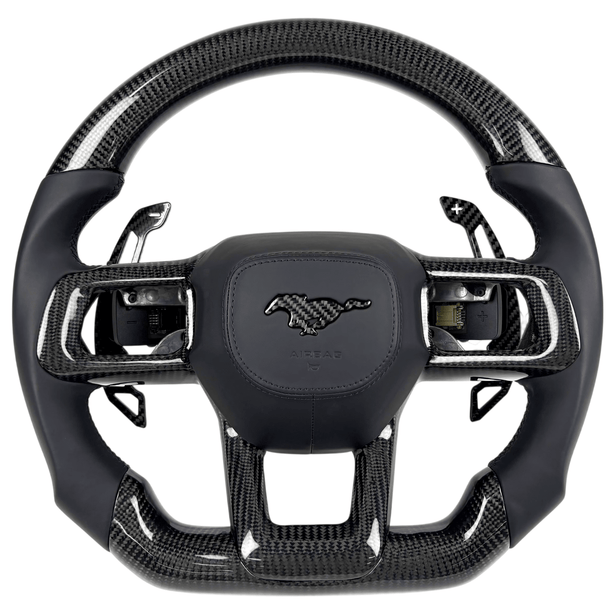 Front-view 2024+ Ford Mustang S650 carbon fiber flat-bottom steering wheel with black leather grips
