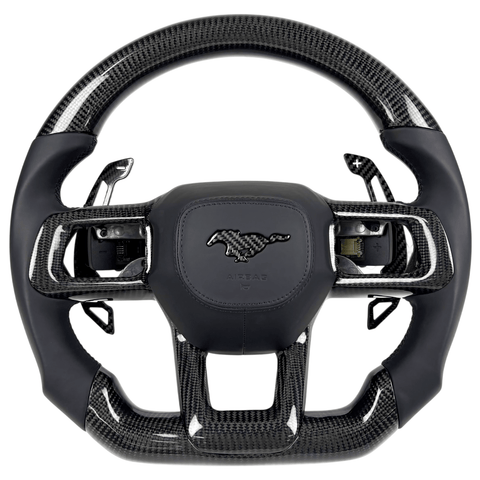 Front-view 2024+ Ford Mustang S650 carbon fiber flat-bottom steering wheel with black leather grips
