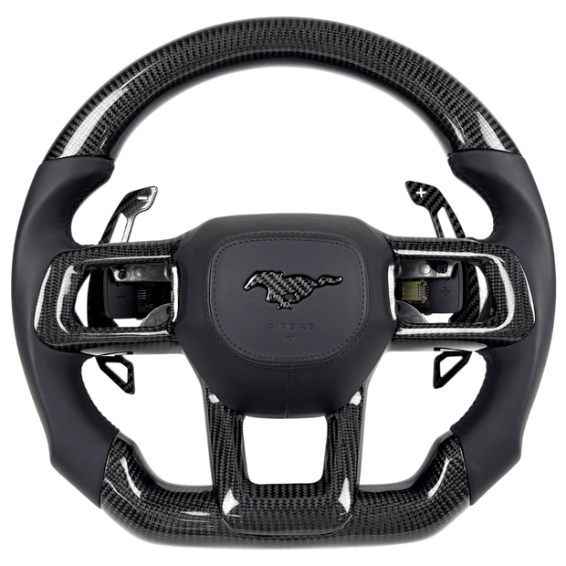 Front-view 2024+ Ford Mustang S650 carbon fiber flat-bottom steering wheel with black leather grips