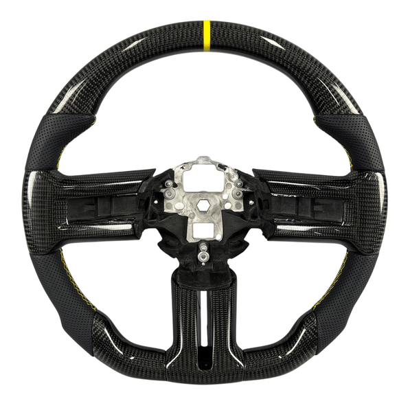 2010-2014 S197 Mustang carbon fiber steering wheel with black perforated leather grips and yellow center stripe