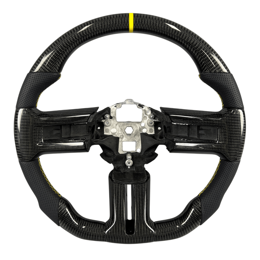 2010-2014 S197 Mustang carbon fiber steering wheel with black perforated leather grips and yellow center stripe