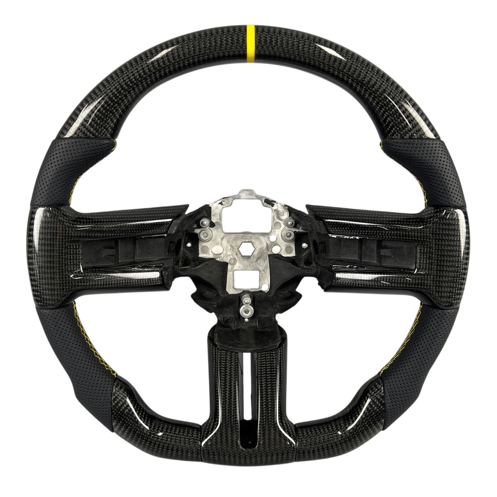 2010-2014 S197 Mustang carbon fiber steering wheel with black perforated leather grips and yellow center stripe
