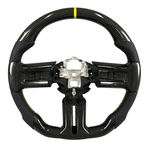 2010-2014 S197 Mustang carbon fiber steering wheel with black perforated leather grips and yellow center stripe