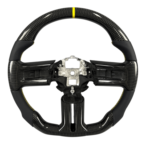 2010-2014 S197 Mustang carbon fiber steering wheel with black perforated leather grips and yellow center stripe