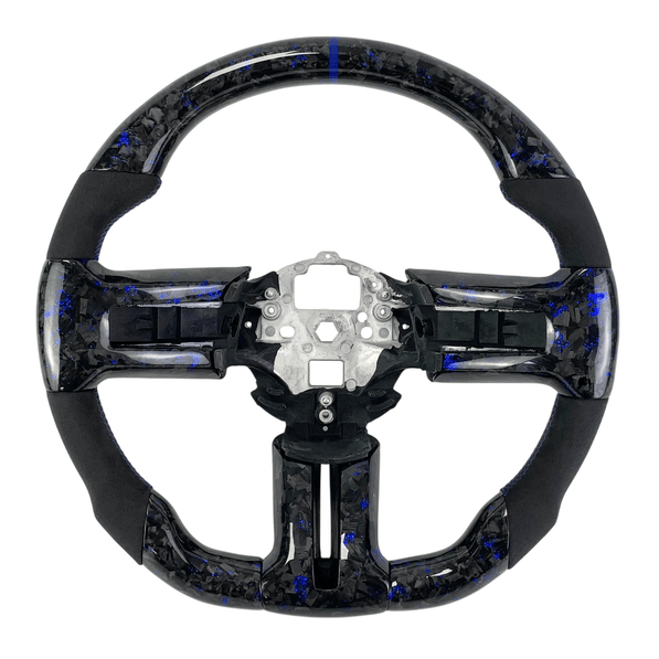 2010-2014 S197 Mustang blue forged carbon fiber steering wheel with black Alcantara grips and blue center stripe