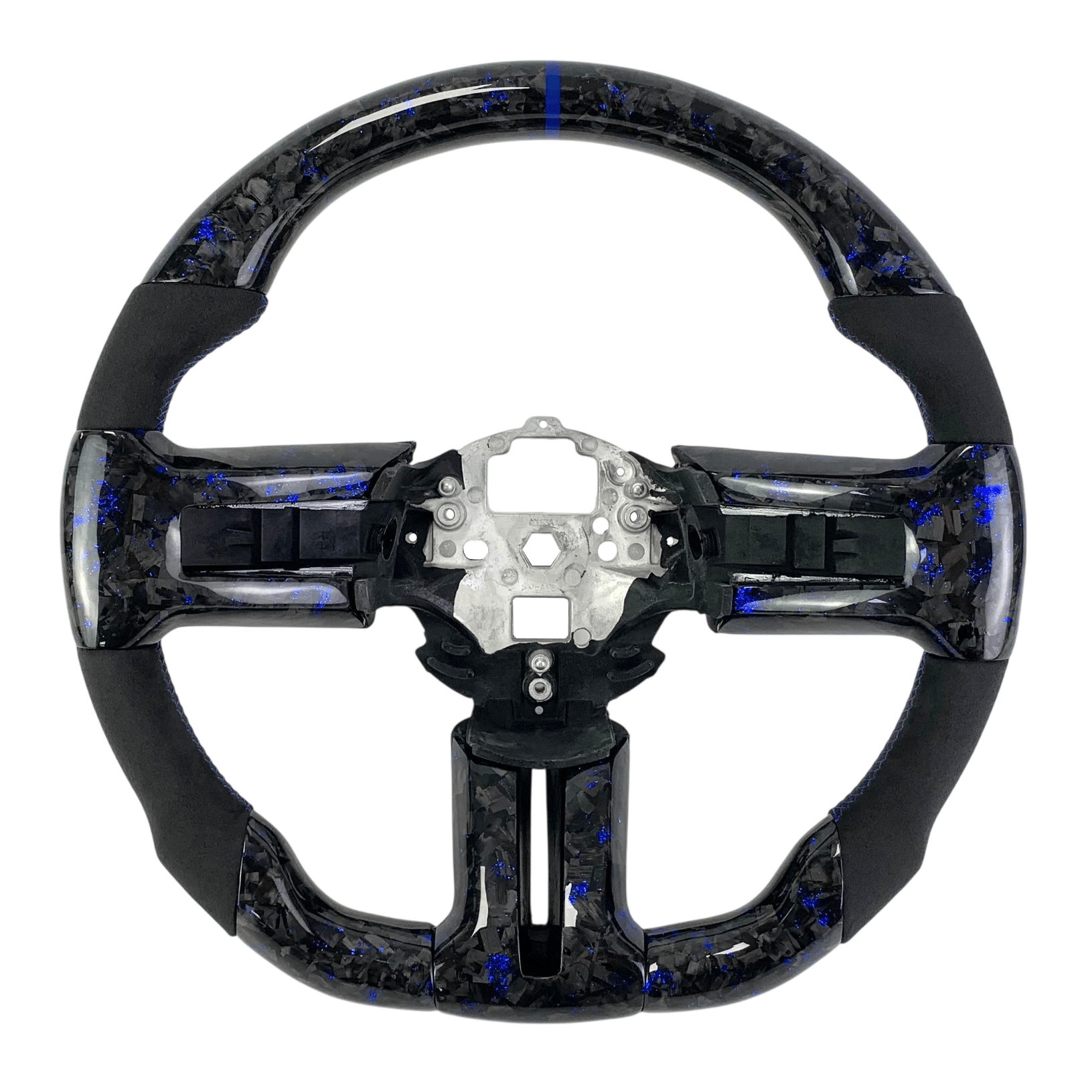 2010-2014 S197 Mustang blue forged carbon fiber steering wheel with black Alcantara grips and blue center stripe