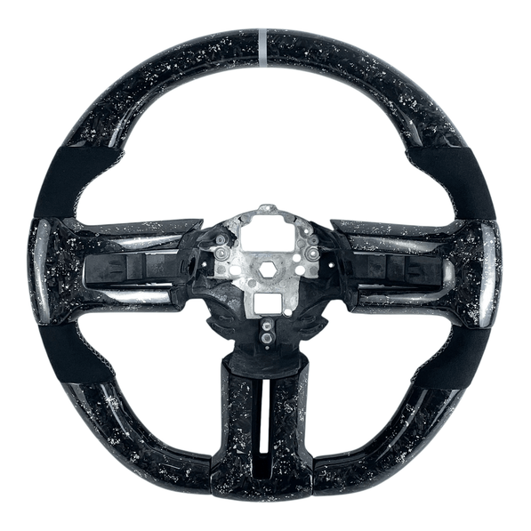 2010-2014 S197 Mustang silver flake forged carbon fiber steering wheel with black Alcantara grips and gray center stripe