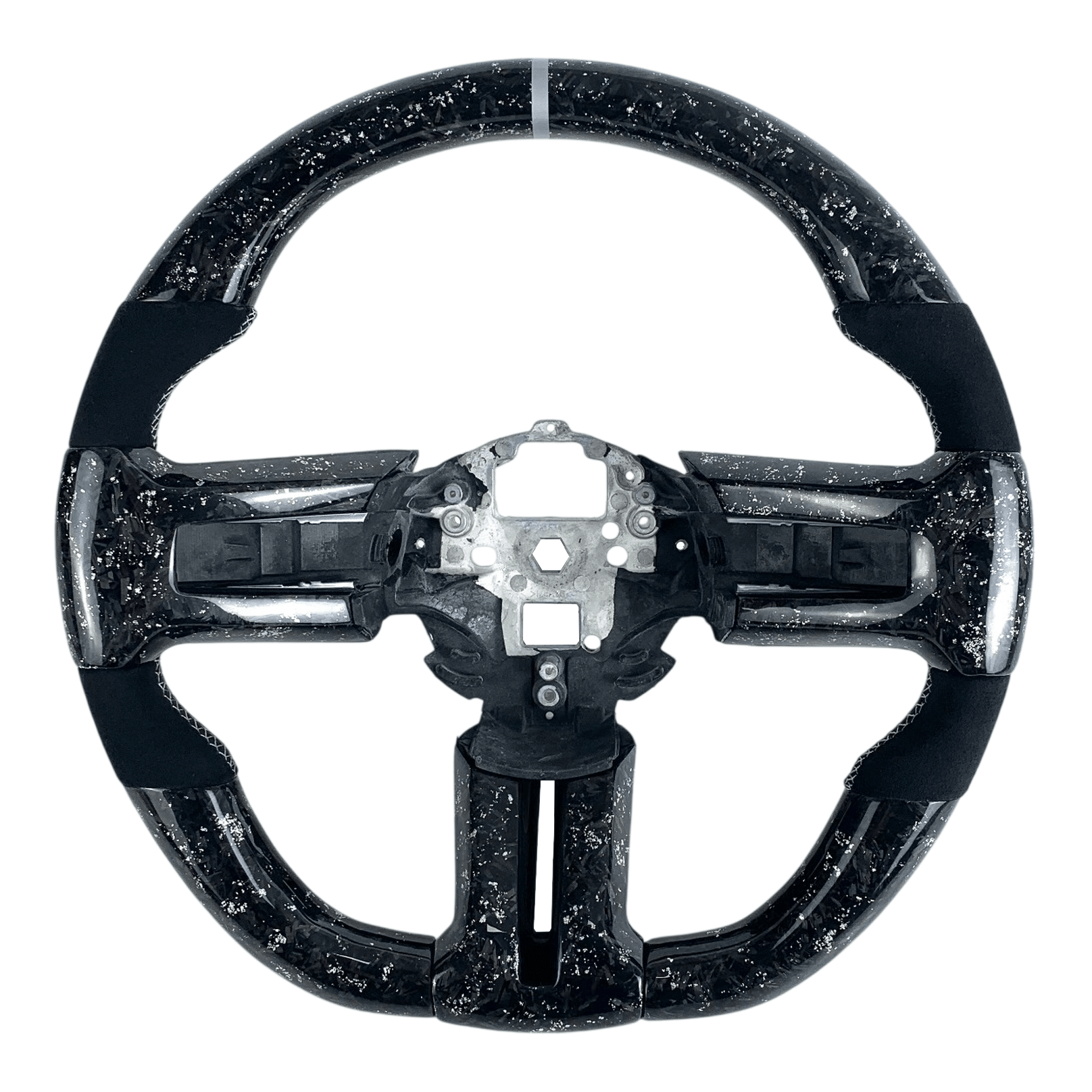 2010-2014 S197 Mustang silver flake forged carbon fiber steering wheel with black Alcantara grips and gray center stripe